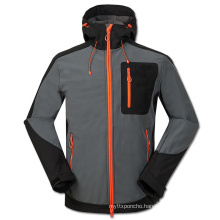 Outdoor clothing mens jackets hooded made of 3 layer softshell fabric in gray and black 3 pockets customized logo